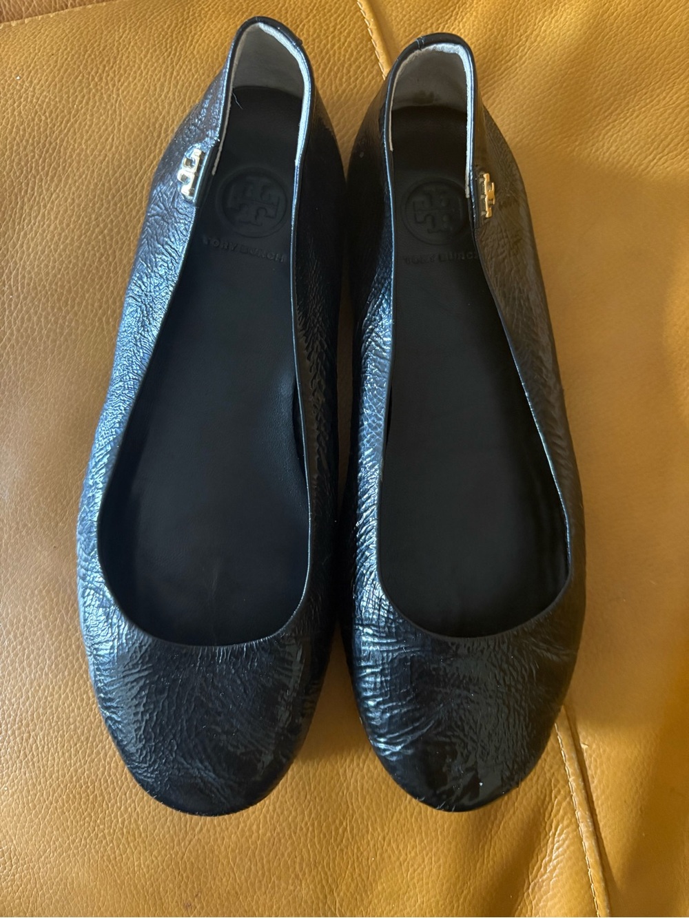 Tory Burch Black Leather Logo Ballet Flats